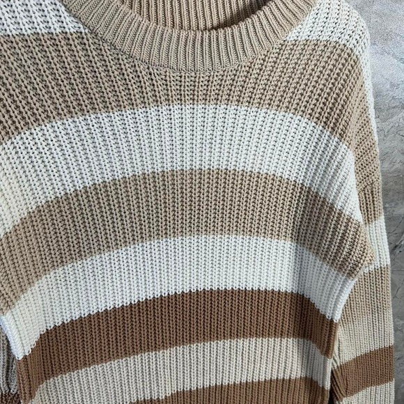 Tan and white striped knit sweater oversized woman's Medium #stripes - Picture 2 of 6